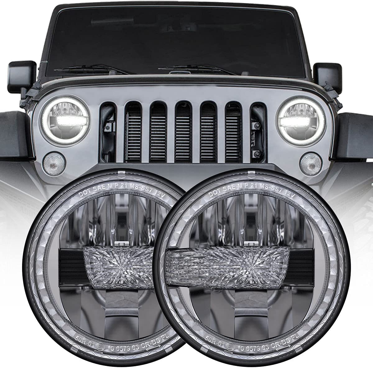 7 Inch Round Led Headlights Halo Headlight with DRL High Low Beam Compatible with Jeep Wrangler JK LJ CJ TJ 1997-2018 Hummer H1 H2 DOT Approved Headlights