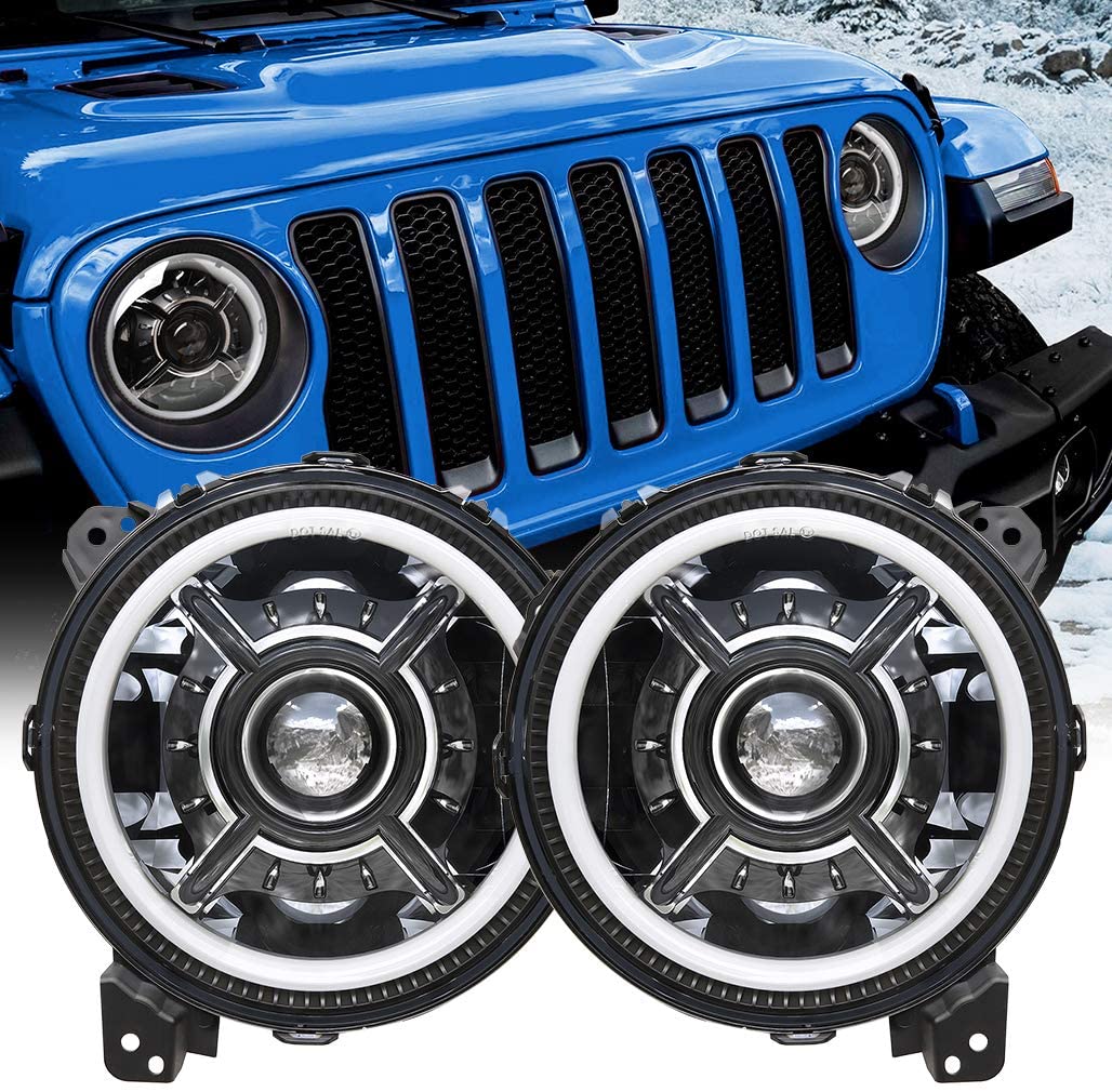  9 Inch LED Halo Headlights with White DRL Compatible with 2018 2019 Jeep Wrangler JL 2020 Jeep Gladiator JT Accessories High Low Beam Adjustable Headlamp Replacement - 1 Pair Black